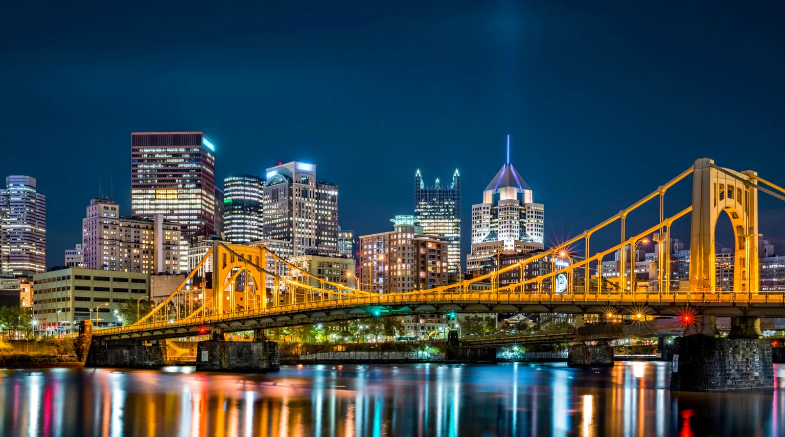 The Pittsburgh city skyling at night.